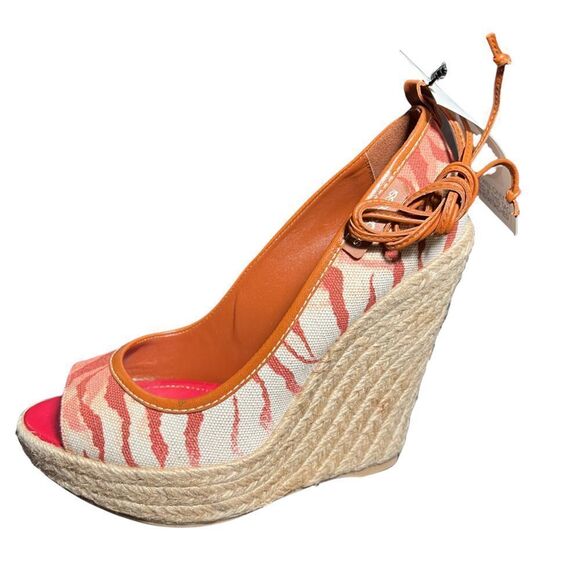 NIB Sergio Rossi Tiger Print Canvas Wedge Sandals - Picture 2 of 14